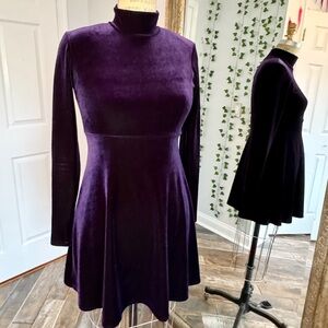 CEDUXION Vtg 90’ Purple Dress | High Waist Mock Nk | L/Slv | Knit Velvet | Sz: S